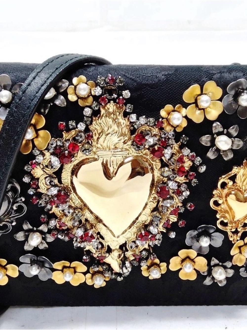 Black Embellished Heart Clutch with Gold Accents